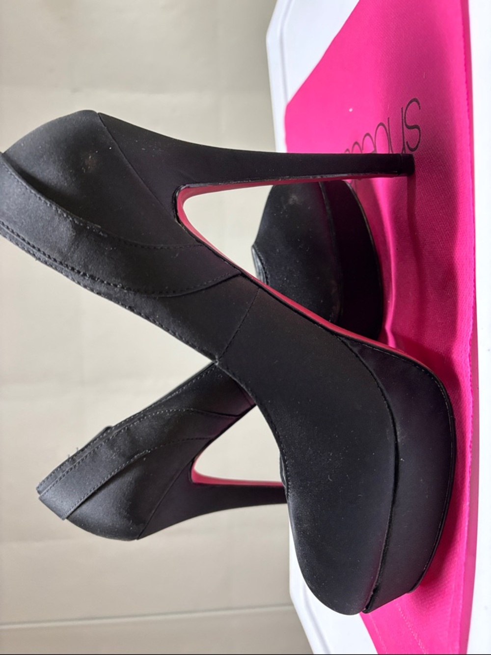 Shoe Dazzle Black Platform Stiletto Pumps with Pink Accents